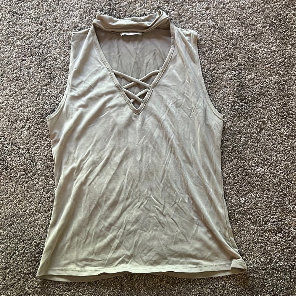 Olive green cage tank with high neck